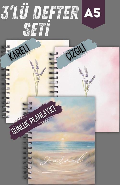 Spiralli Okul Defter Seti | 3 Adet | A5 | Sert Karton Kapak | 90 Sayfa | Çelik Spiral