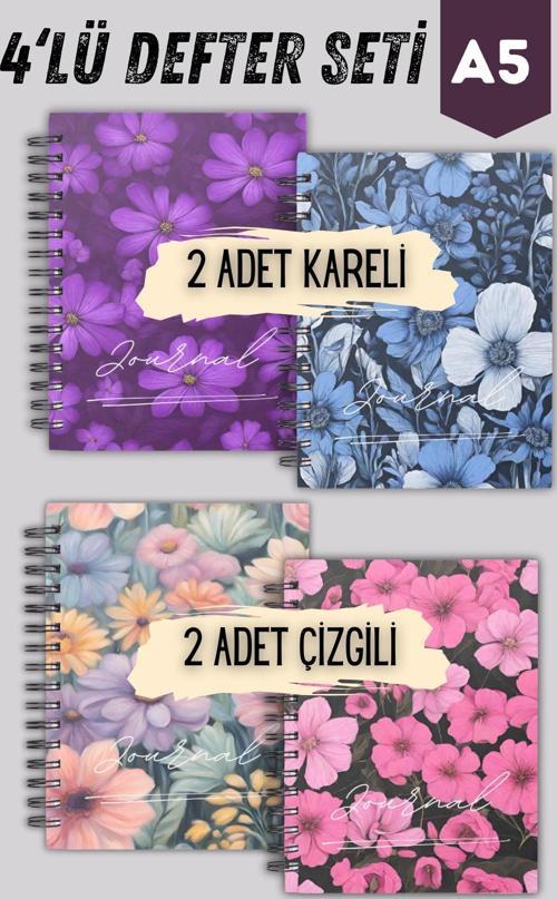 Spiralli Okul Defter Seti | 4 Adet | A5 | Sert Karton Kapak | 90 Sayfa | Çelik Spiral