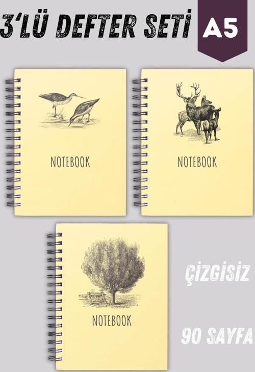Spiralli Defter | 3 Adet | Çizgisiz | A5 | Çelik Spiral | 90 Sayfa | 45 Yaprak - Karton Kapak
