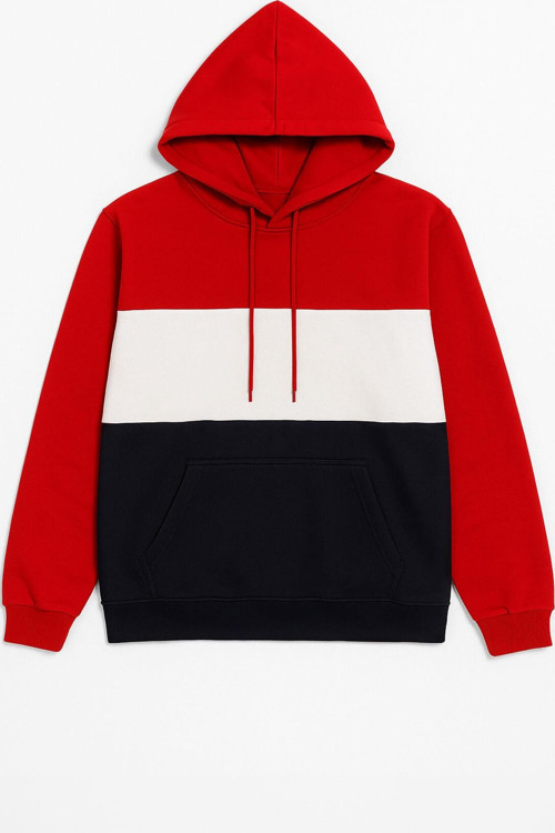 Erkek Kapüşonlu Cepli İçi Polarlı Parçalı Kırmızı Sweatshirt