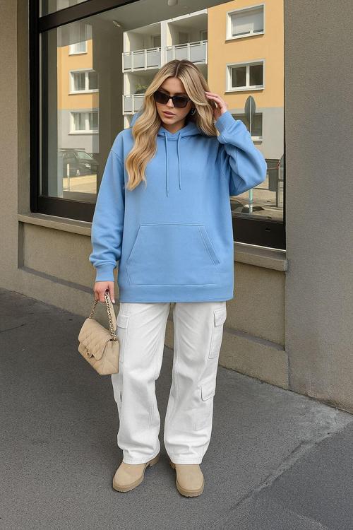 Kadın Kapüşonlu Cepli Mavi Tunik Sweatshirt