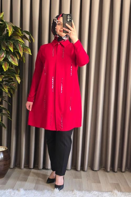 Kadın Tesettür Giyim Büyük Beden Şerit Taşlı Krep Gömlek