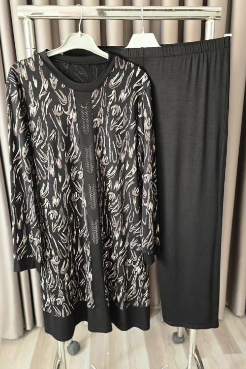 Kadın Tesettür Giyim Büyük Beden Şerit Desenli Nisa Takım