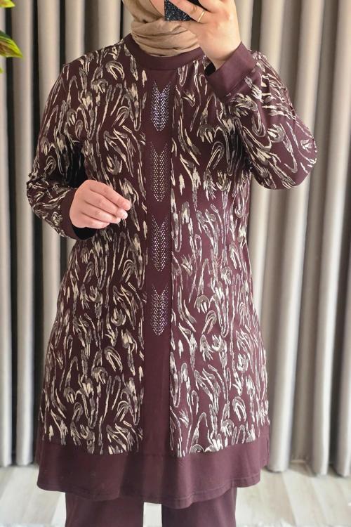 Kadın Tesettür Giyim Büyük Beden Şerit Desenli Nisa Takım