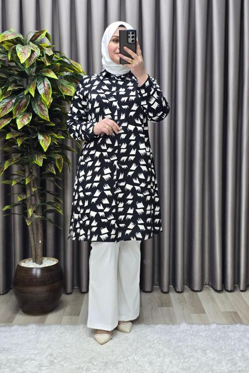 Kadın Tesettür Giyim Büyük Beden Çıtır Desen Gömlek 