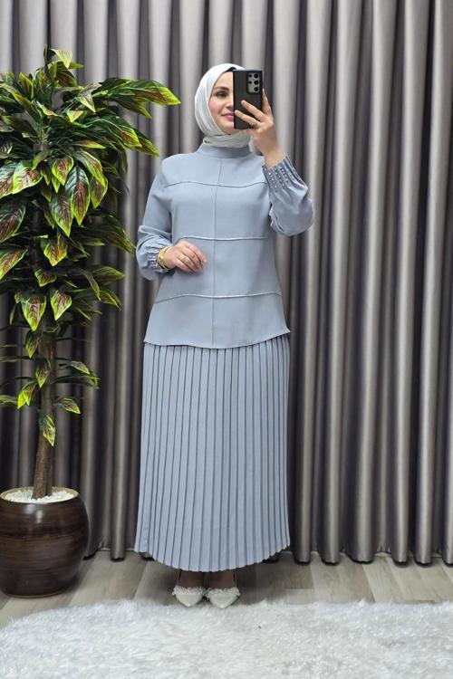 Kadın Tesettür Giyim Büyük Beden Krep Etekli Takım 