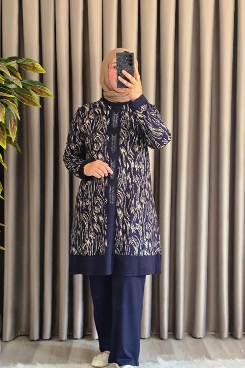 Kadın Tesettür Giyim Büyük Beden Şerit Desenli Nisa Takım