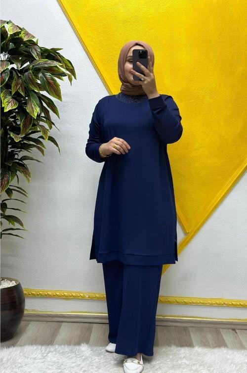 Kadın Tesettür Giyim Büyük Beden Pantolonlu Ecrin İkili Takım