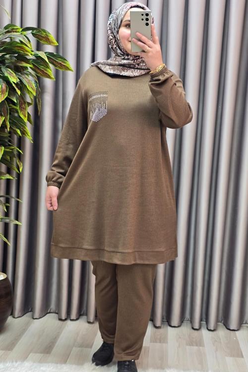 Kadın Tesettür Giyim Büyük Beden Cebi Taş İşlmeli İkili Takım