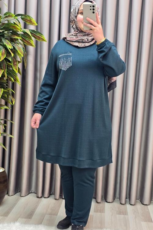 Kadın Tesettür Giyim Büyük Beden Cebi Taş İşlmeli İkili Takım 