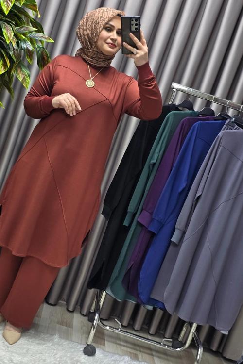 Kadın Tesettür Büyük Beden Giyim Nervürlü İkili Takım 