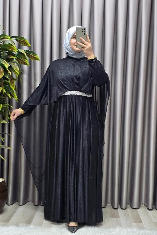 Kadın Tesettür Büyük Beden Giyim Simli Pelerinli Abiye