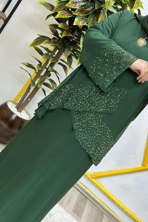 Kadın Tesettür Giyim Büyük Beden Çarpraz Taşlı Abiye