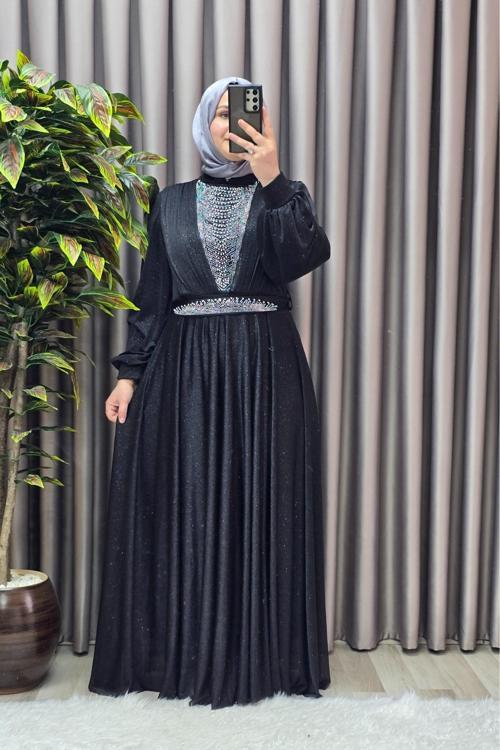 Kadın Tesettür Giyim Büyük Beden Simli Kübra Abiye