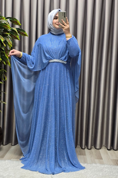 Kadın Tesettür Büyük Beden Giyim Simli Pelerinli Abiye