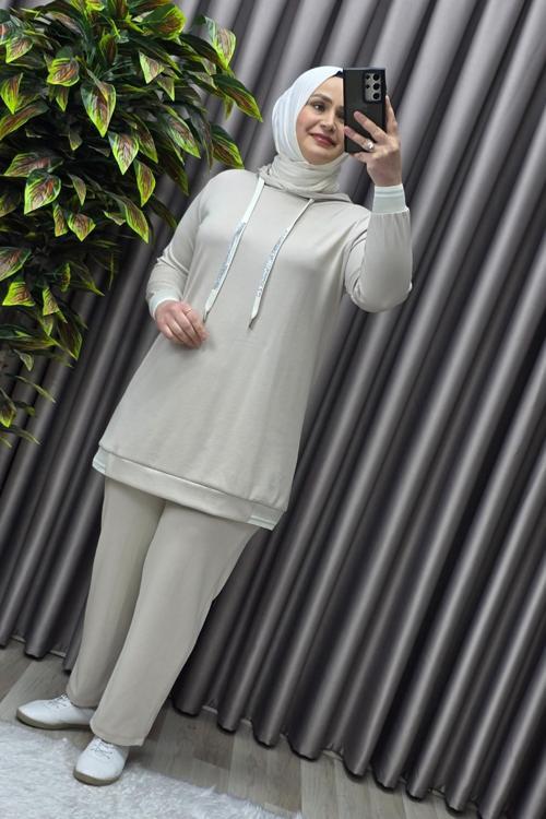 Kadın Tesettür Giyim Büyük Beden Kapşonlu Spor İkili Takım 