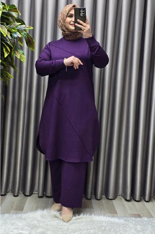 Kadın Tesettür Büyük Beden Giyim Nervürlü İkili Takım 