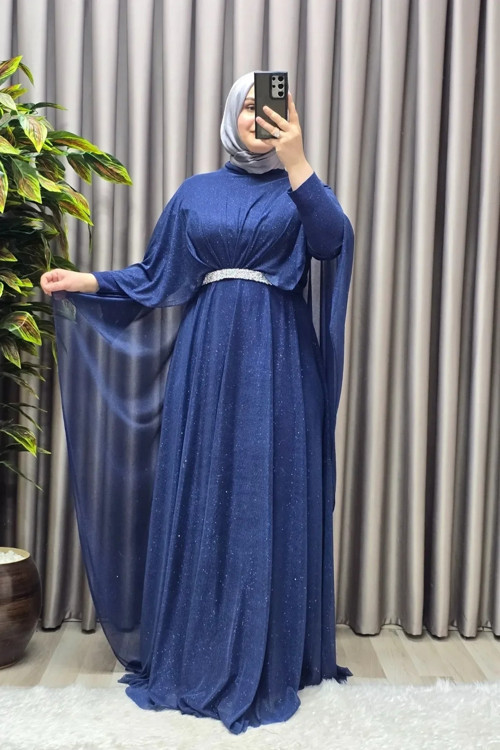 Kadın Tesettür Büyük Beden Giyim Simli Pelerinli Abiye