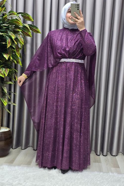 Kadın Tesettür Büyük Beden Giyim Simli Pelerinli Abiye