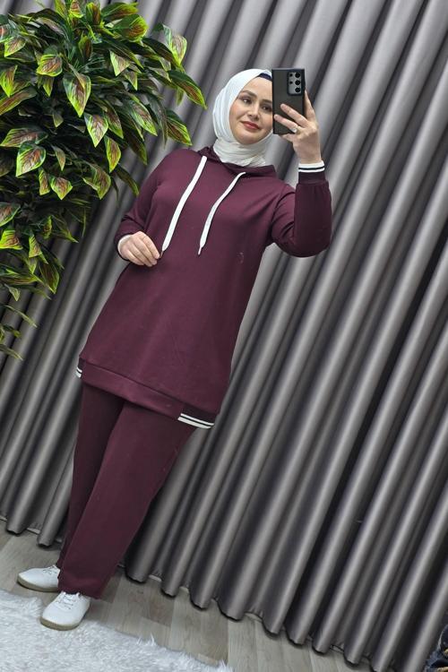 Kadın Tesettür Giyim Büyük Beden Kapşonlu Spor İkili Takım 