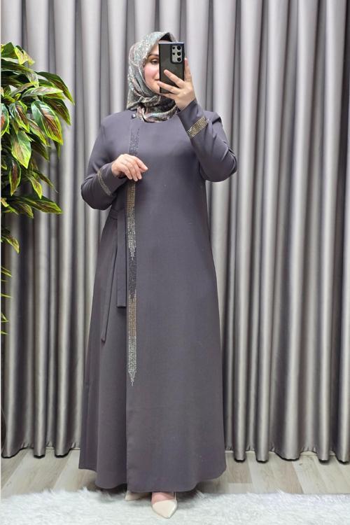 Kadın Tesettür Giyim Büyük Beden Şerit Taş Detaylı Abaya