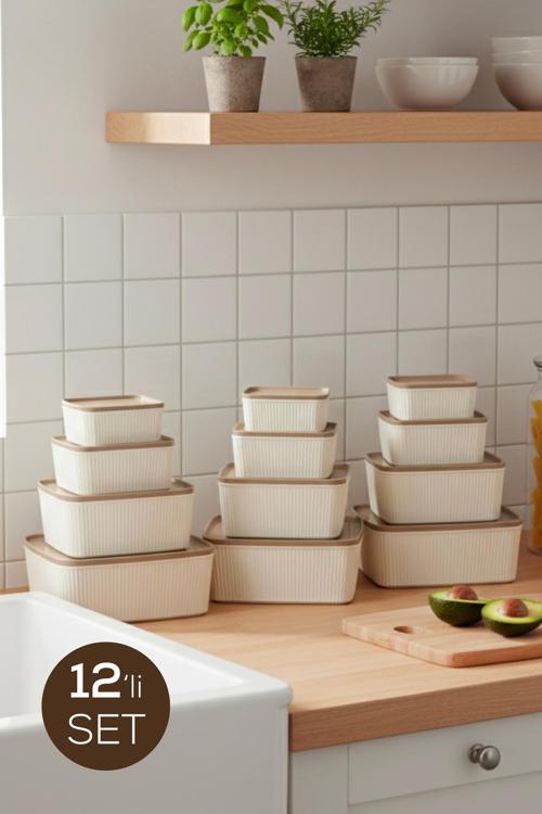 12'li Dikdörtgen Saklama Kabı Seti Bej | 2.5L 1.5L 0.80L 0.45L | Mikrodalga ve Dondurucu Uyumlu