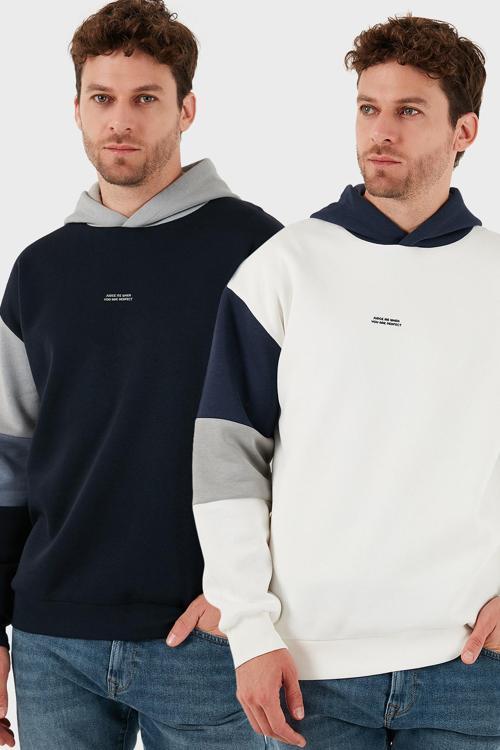 Pamuklu Relaxed Fit Kapüşonlu İçi Tüylü Yumuşak Şardonlu 2' li Paket Erkek Sweat 5905299S2 Ekru-Koyu Lacivert