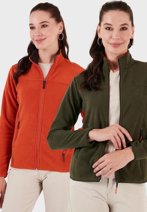 Slim Fit Anti-Pilling Tüylenme Yapmayan Fermuarlı Cepli Hırka 2' li Paket Bayan Polar 5907002S2 Haki-Oranj