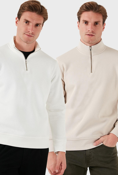 Pamuklu Regular Fit Dik Yaka 2'li Paket Erkek Sweat 59052592S2 Ekru-Kum