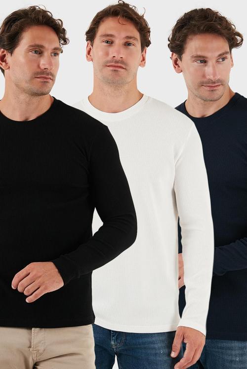 Pamuklu Bisklet Yaka Slim Fit Basic 3'lü Paket Erkek Sweat 5905073S3 Ekru-Lacivert-Siyah