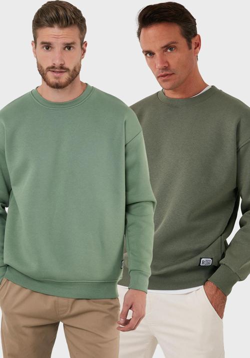 Regular Fit Bisiklet Yaka Şardonlu 2'li Paket Erkek Sweat 5905255S2 ELMA-HAKİ