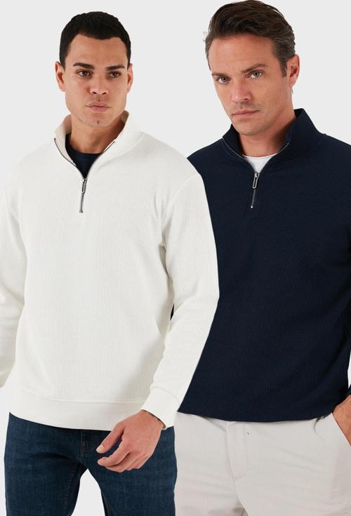 Pamuklu Regular Fit Yarım Fermuarlı Dik Yaka 2'li Paket Erkek Sweat 5905716S2 Ekru-Koyu Lacivert