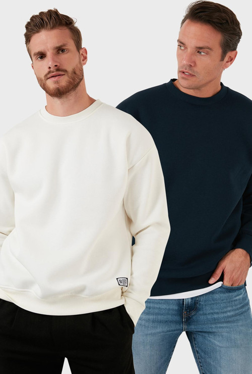 Regular Fit Bisiklet Yaka Şardonlu 2'li Paket Erkek Sweat 5905255S2 Ekru-Koyu Lacivert