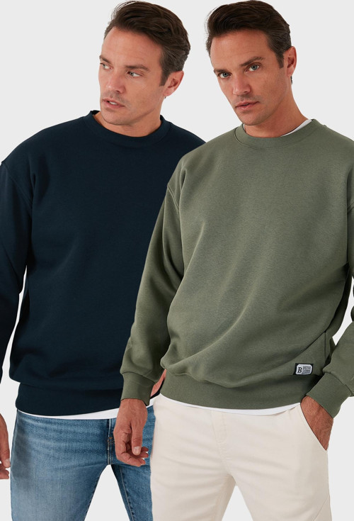 Regular Fit Bisiklet Yaka Şardonlu 2'li Paket Erkek Sweat 5905255S2 Haki-Koyu Lacivert