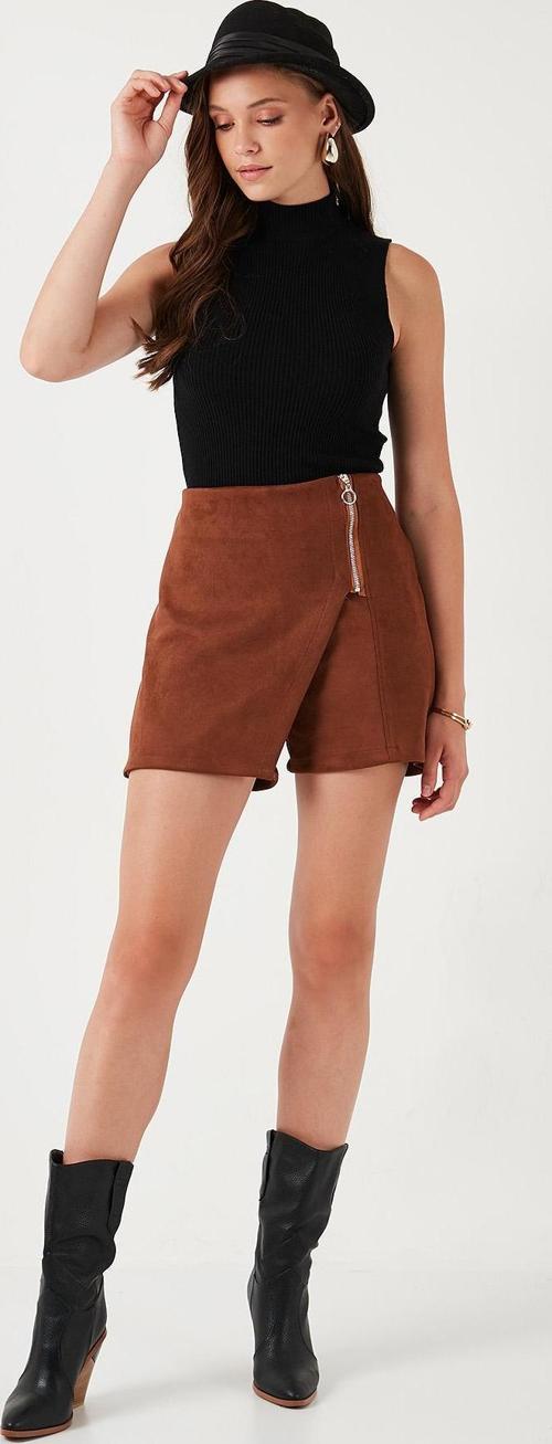 Streç Slim Fit Asimetrik Kesim Fermuarlı Kışlık Bayan Şort Etek 5865969 TABA