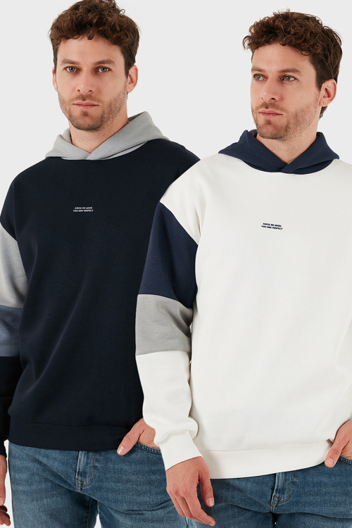 Pamuklu Relaxed Fit Kapüşonlu İçi Tüylü Yumuşak Şardonlu 2' li Paket Erkek Sweat 5905299S2 Ekru-Koyu Lacivert