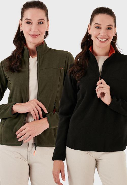 Slim Fit Yumuşak Dokulu Anti-Pilling Tüylenme Yapmayan 2'li Paket Bayan Polar 590700200S2 SİYAH-HAKİ