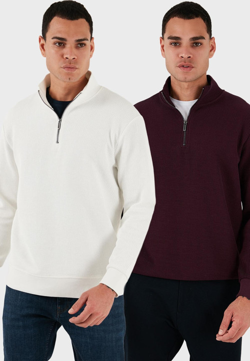 Pamuklu Regular Fit Yarım Fermuarlı Dik Yaka 2'li Paket Erkek Sweat 5905716S2 EKRU-VİŞNE