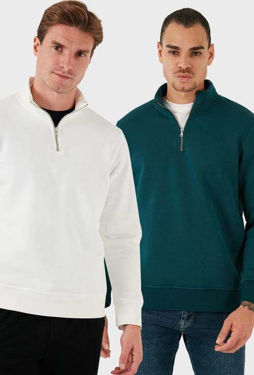 Pamuklu Regular Fit Dik Yaka 2'li Paket Erkek Sweat 59052592S2 Ekru-Petrol