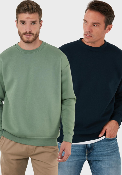 Regular Fit Bisiklet Yaka Şardonlu 2'li Paket Erkek Sweat 5905255S2 ELMA-KOYU LACİVERT