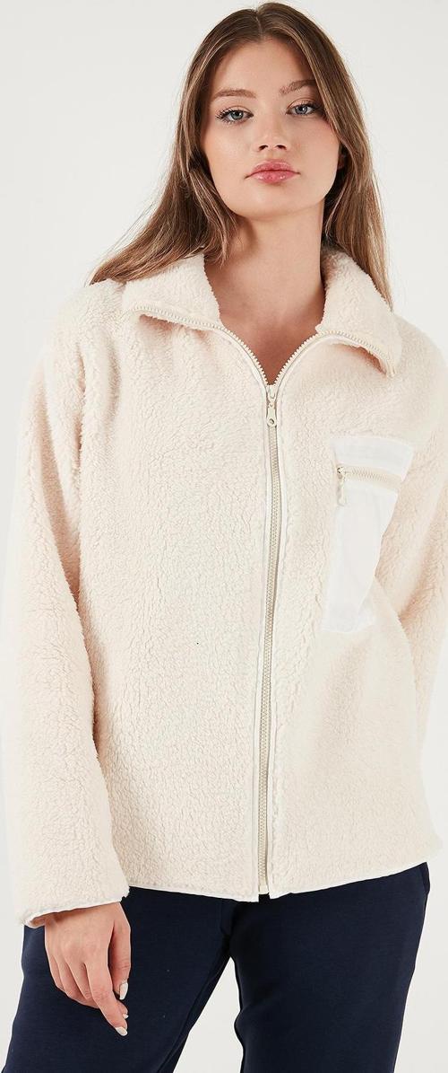 Regular Fit Klasik Yaka Göğüs Cep Detaylı Peluş Hırka Bayan Polar 5866437 KREM