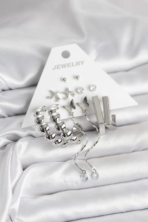 Zarif Kulaklar için 6PARÇA Silver Pirinç Model Kadın Küpe Seti