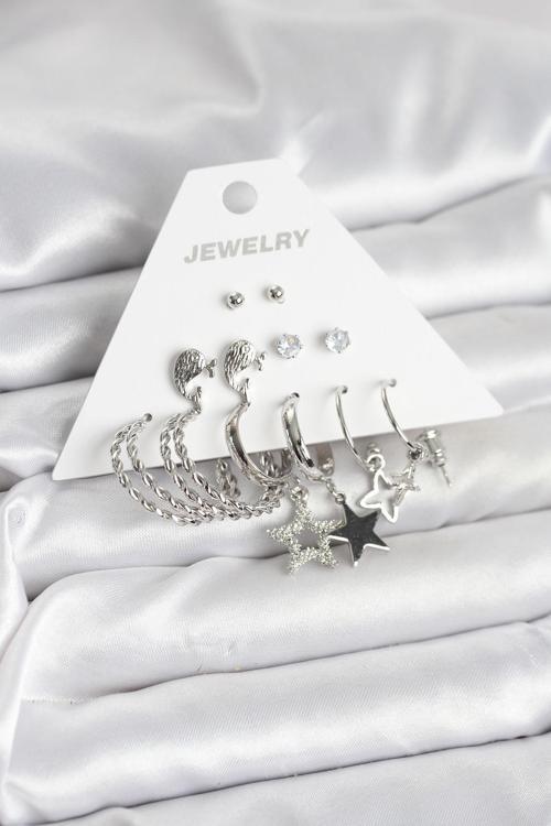 Zarif Kulaklar için 6PARÇA Silver Pirinç Yapım Kadın Küpe Seti