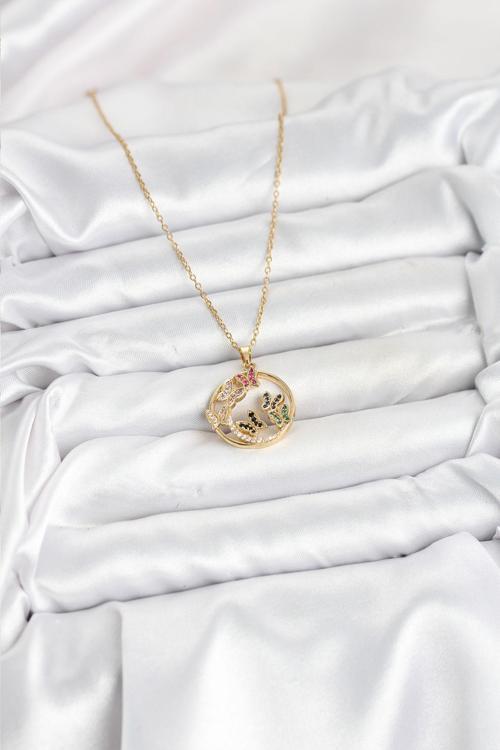 Zarif Boyunlar için Golden Çelik Zirkonlu Zincir Kelebekli Kadın Kolye