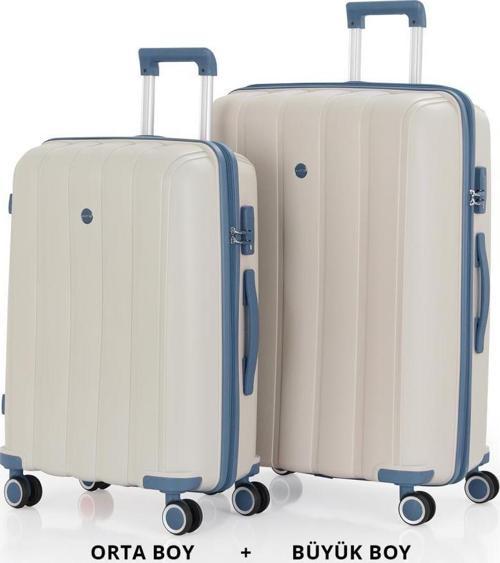 Bavul Büyük ve Orta 2li Set Kırılmaz Silikon Valiz V305 Kemik/SkyBlue