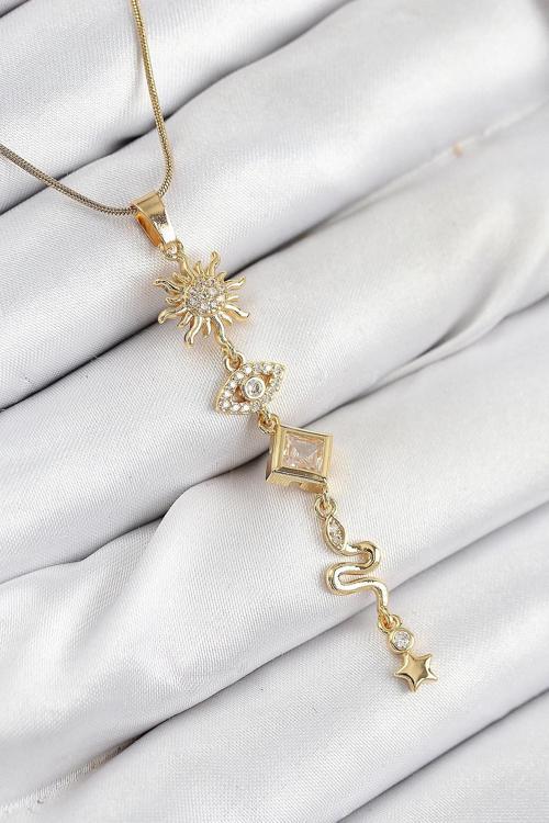 BFS 316L Çelik Zirkon Taşlı Güneş Ve Ay Enerji Model Gold Renk Kadın Kolye