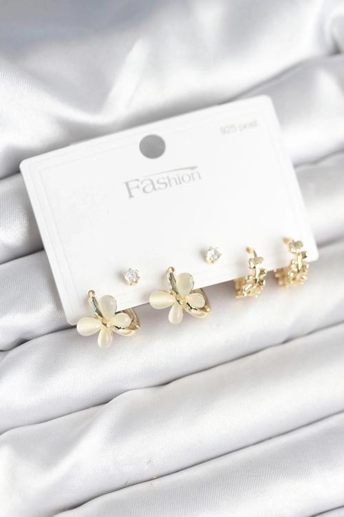 BFS Kelebek Model Gold Renk Pirinç 925 Ayar Gümüş Çivili Kadın Küpe Seti