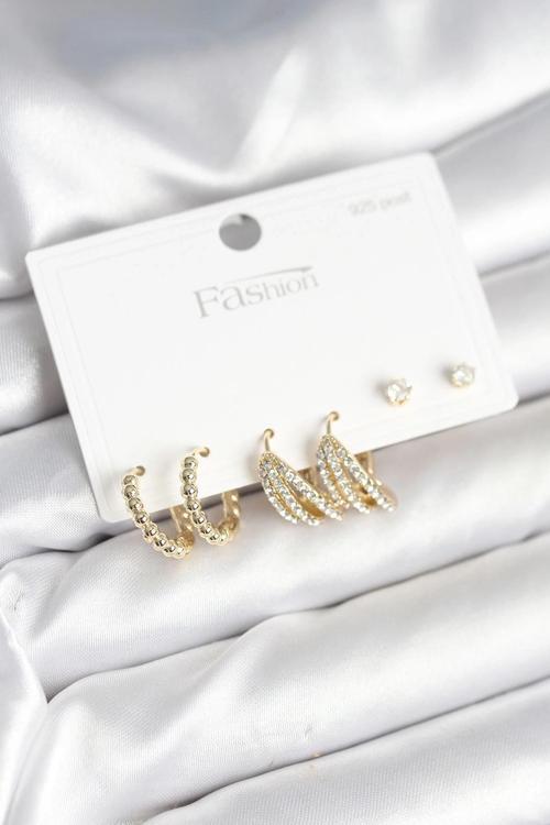 BFS Gold Renk Pirinç 925 Ayar Gümüş Çivili Kadın Küpe Seti