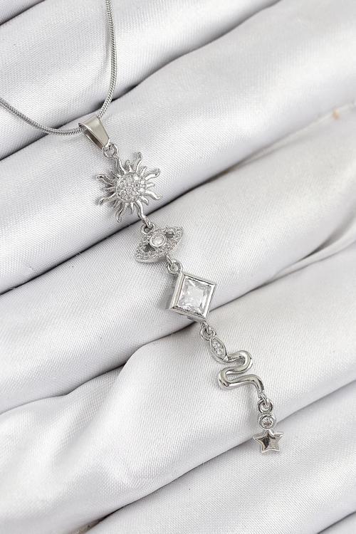 BFS 316L Çelik Zirkon Taşlı Güneş Ve Ay Enerji Model Gümüş Renk Kadın Kolye