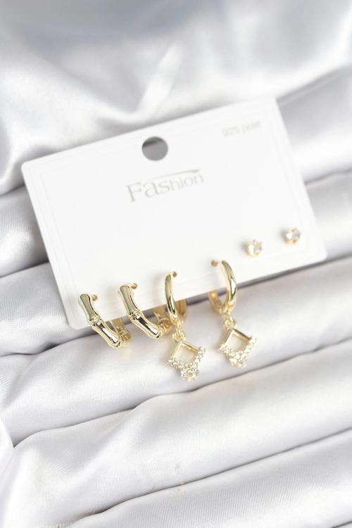 BFS Pirinç Gold Renk 925 Ayar Gümüş Çivili Kadın Küpe Seti